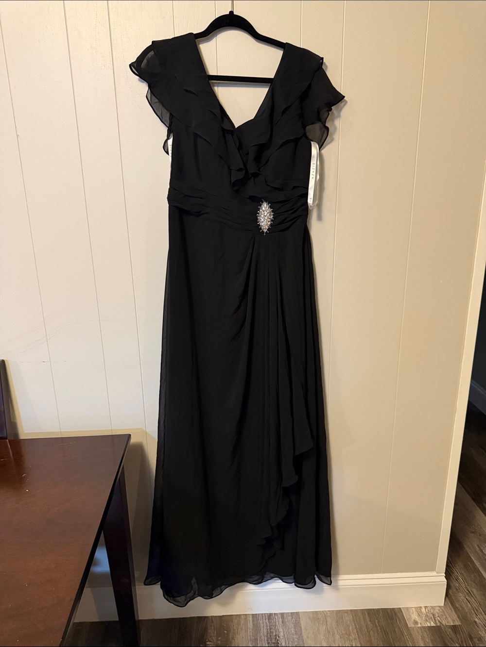 Azazie Black Ruffled V-Neck Maxi Dress with Rhinestone Accent